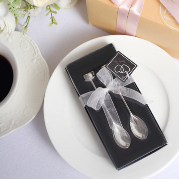 2 Pack 4" Silver Metal Couple Coffee Spoon Set Party Favors, Pre-Packed Wedding Souvenir Gift