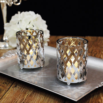 2 Pack | 4" Silver Metal Diamond Cut Votive Candle Holders