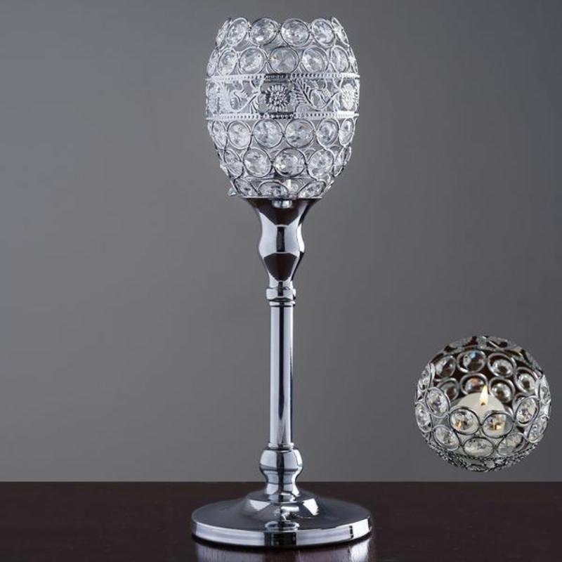 2 Pack | 14inch Silver Metal Goblet Acrylic Crystal Votive Candle Holder Set