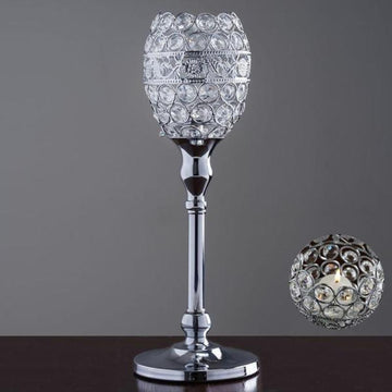 2 Pack 14" Silver Metal Goblet Acrylic Crystal Votive Candle Holder Set