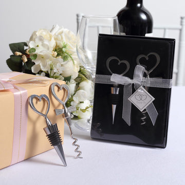 Silver Metal Heart Wine Bottle Opener / Cork Stopper Party Favors Souvenir Gift Set, Wedding Favor in Velvet Box - 4.5",5"