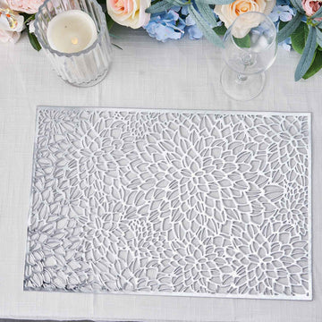 6 Pack | 12"x18" Silver Metallic Floral Vinyl Placemats, Non-Slip Rectangle Dining Table Mats