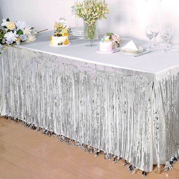 30"x9ft Silver Metallic Foil Fringe Table Skirt, Self Adhesive Tinsel Table Skirt