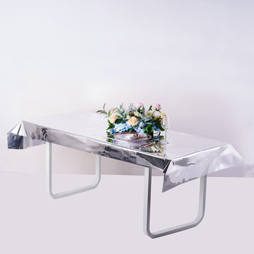 40"x90" Silver Metallic Foil Rectangle Tablecloth, Disposable Table Cover