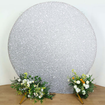 7.5ft Silver Metallic Shimmer Tinsel Spandex Round Wedding Arch Cover, 2-Sided Photo Backdrop