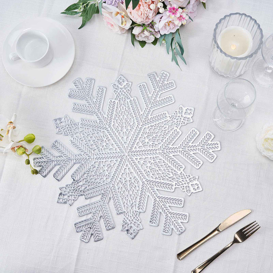 6 Pack | 18inch Silver Metallic Snowflake Vinyl Placemats, Non-Slip Winter Wonderland Table Mats