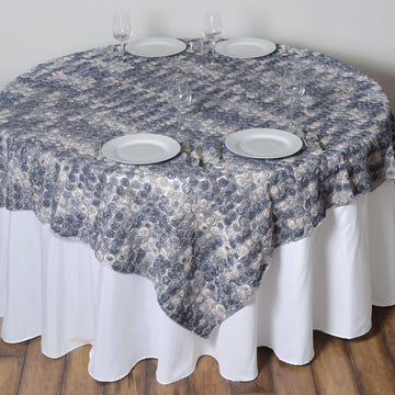 72"x72" Silver 3D Mini Rosette Satin Square Table Overlay - Clearance SALE