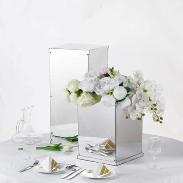 16" Silver Mirror Finish Acrylic Display Box, Pedestal Riser with Interchangeable Lid and Base