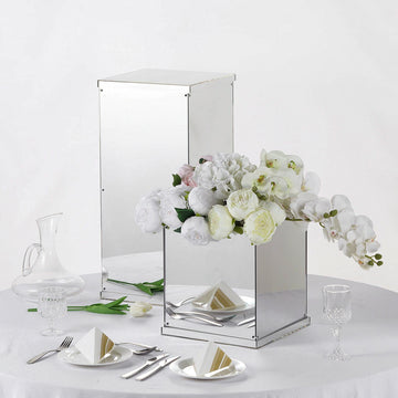 12" Silver Mirrored Acrylic Display Box, Pedestal Riser with Interchangeable Lid and Base