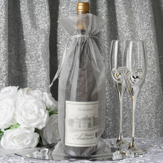 Elegant Silver Organza Drawstring Party Favor Wine Gift Bags