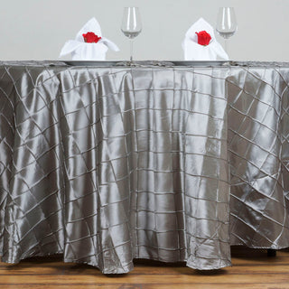 Elevate Your Event Decor with the 120" Silver Pintuck Round Seamless Tablecloth