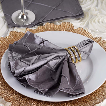 5 Pack | Silver Pintuck Satin Cloth Dinner Napkins, Wrinkle Resistant | 17"x17"