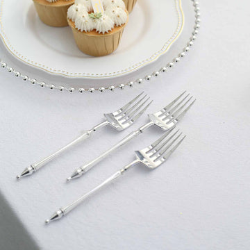 24 Pack 6" Silver Plastic Dessert Forks With Roman Column Handle, European Style Disposable Silverware