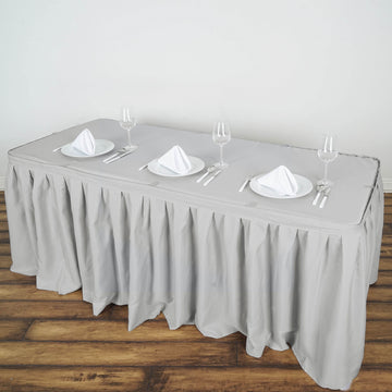 14ft Silver Pleated Polyester Table Skirt, Banquet Folding Table Skirt