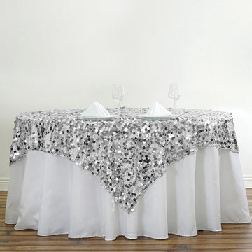 72"x72" Silver Premium Big Payette Sequin Square Table Overlay