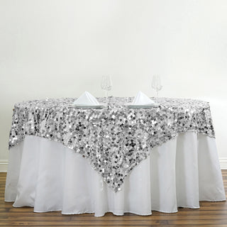 Add a Touch of Elegance with the Silver Premium Big Payette Sequin Square Table Overlay