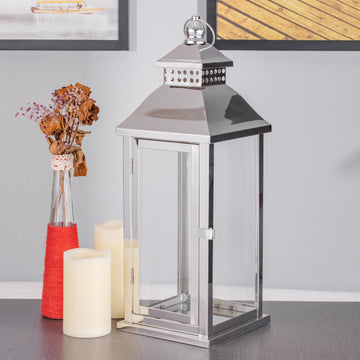 19" Silver Prism Top Stainless Steel Candle Lantern Centerpiece Outdoor Metal Patio Lantern