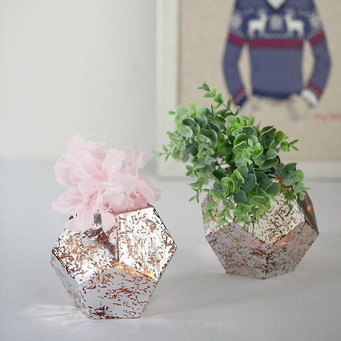 2 Pack | 5inch Pentagon Geometric Vases | Mercury Glass Candle Holders | Silver / Rose Gold