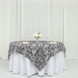 72x72inch Silver 3D Rosette Satin Table Overlay, Square Tablecloth Topper