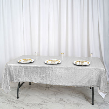 60"x102" Silver Seamless Premium Sequin Rectangle Tablecloth