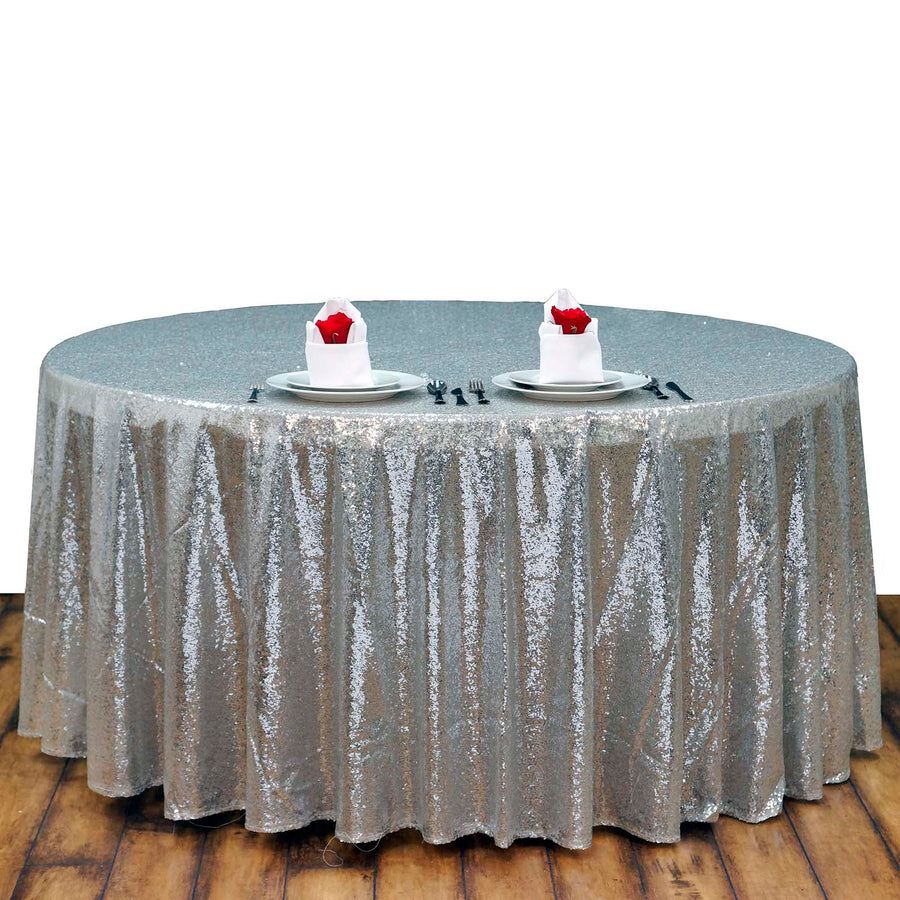108 inches Silver Premium Sequin Round Tablecloth