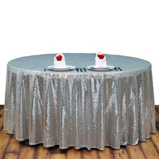 Elevate Your Event with the Silver Sequin Round Tablecloth