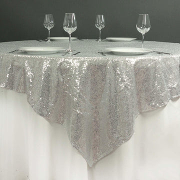 72"x72" Silver Sequin Sparkly Square Table Overlay