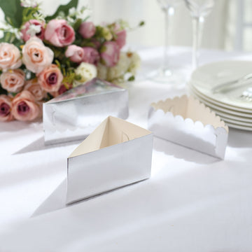 10 Pack 4"x2.5" Silver Single Slice Triangular Cake Boxes with Scalloped Top, Party Favor Gift Box
