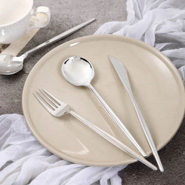 24 Pack | Silver Sleek Modern Plastic Silverware Set, Premium Disposable Knife, Spoon & Fork Set - 8"