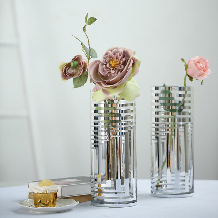 2 Pack | 11.5" Silver Striped Cylinder Vases | Glass Vases Flower Centerpieces