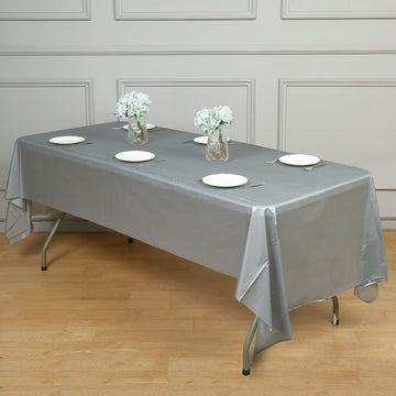 54"x108" Silver Waterproof Plastic Tablecloth, PVC Rectangle Disposable Table Cover