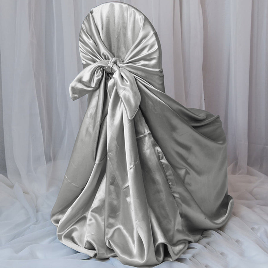 Silver Satin Self-Tie Universal Chair Cover, Folding, Dining, Banquet and Standard