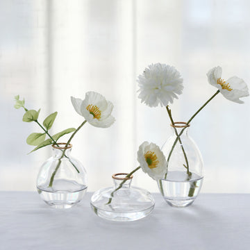 Set of 3 Small Clear Glass Flower Vases With Metallic Gold Rim, Modern Bud Vase Table Centerpieces – Assorted Sizes
