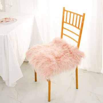 20" Soft Dusty Rose Faux Sheepskin Fur Square Seat Cushion Cover, Small Shag Area Rug