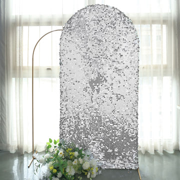 7ft Sparkly Silver Double Sided Big Payette Sequin Chiara Backdrop Stand Cover For Fitted Round Top Wedding Arch