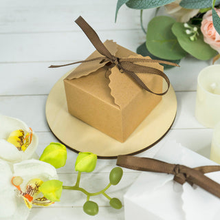 2.5" Square Natural Brown Paper Tote Party Favor Gift Boxes With Grosgrain Ribbon