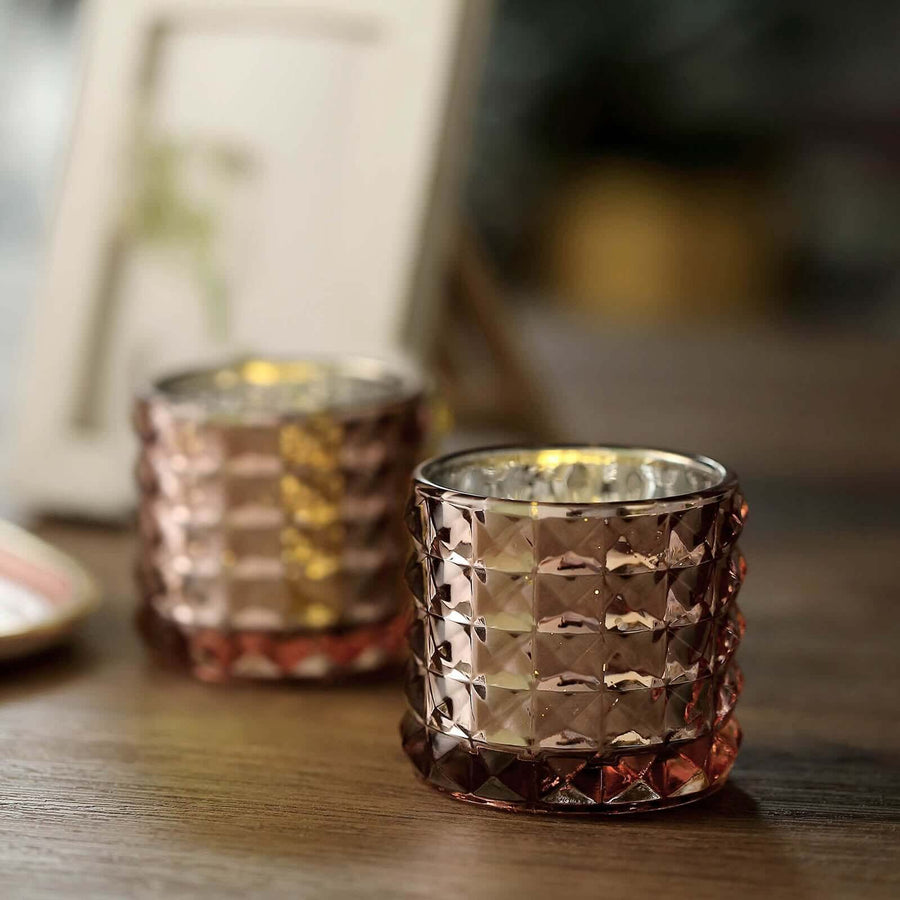 6 Pack | 3" Studded Blush/Rose Gold Mercury Glass Votive Holders, Faceted Tealight Candle Holders