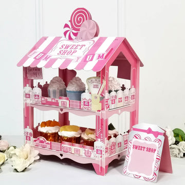 18" 2-Tier Sweet Shop Cardboard Cupcake Dessert Stand, Lollipop Holder, Disposable Candy Cart