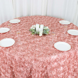 Add a Touch of Luxury with the 120" Dusty Rose Seamless Grandiose 3D Rosette Satin Round Tablecloth