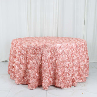 Elevate Your Event with the 120" Dusty Rose Seamless Grandiose 3D Rosette Satin Round Tablecloth