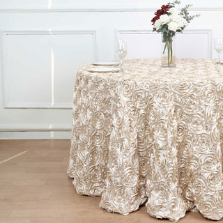 Create Memorable Moments with Beige Seamless Grandiose 3D Rosette Satin Round Tablecloth
