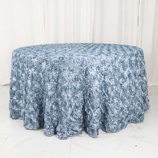 Dusty Blue Seamless Grandiose 3D Rosette Satin Round Tablecloth - Add Elegance to Your Event