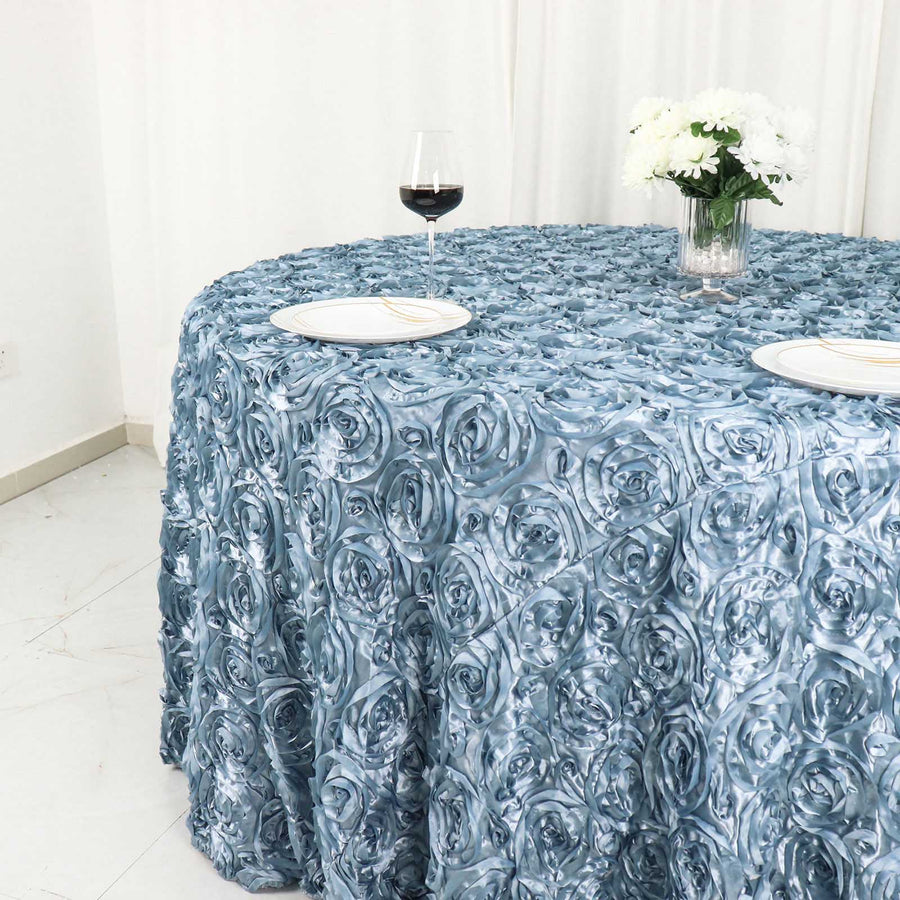 120inch Dusty Blue Grandiose 3D Rosette Satin Round Tablecloth