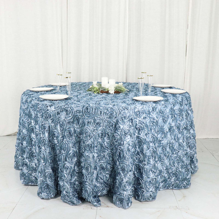 120inch Dusty Blue Grandiose 3D Rosette Satin Round Tablecloth