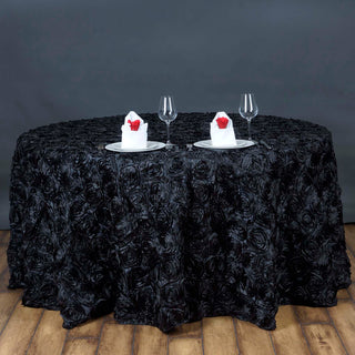 Elegant Black: 120" Black Seamless Grandiose 3D Rosette Satin Round Tablecloth