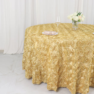Elegant Champagne Seamless Grandiose 3D Rosette Satin Round Tablecloth