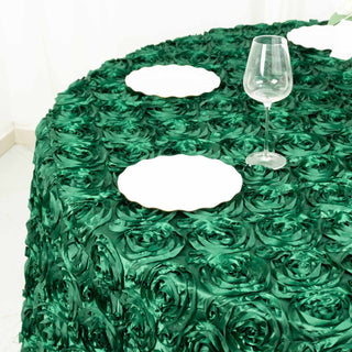 Add Elegance to Your Event with the 120" Hunter Emerald Green Seamless Grandiose 3D Rosette Satin Round Tablecloth