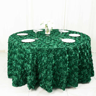 Transform Your Table with the 120" Hunter Emerald Green Seamless Grandiose 3D Rosette Satin Round Tablecloth