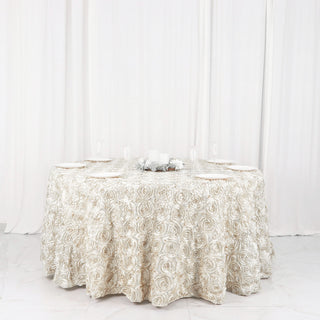 Elegant Ivory Seamless Grandiose 3D Rosette Satin Round Tablecloth