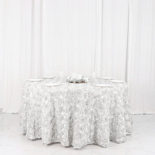 Elegant White: The Perfect 120" White Seamless Grandiose 3D Rosette Satin Round Tablecloth